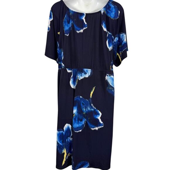 INC International Concepts Navy Floral Jersey Knit V-Neck Short Sleeve Dress 2X - Picture 14 of 16